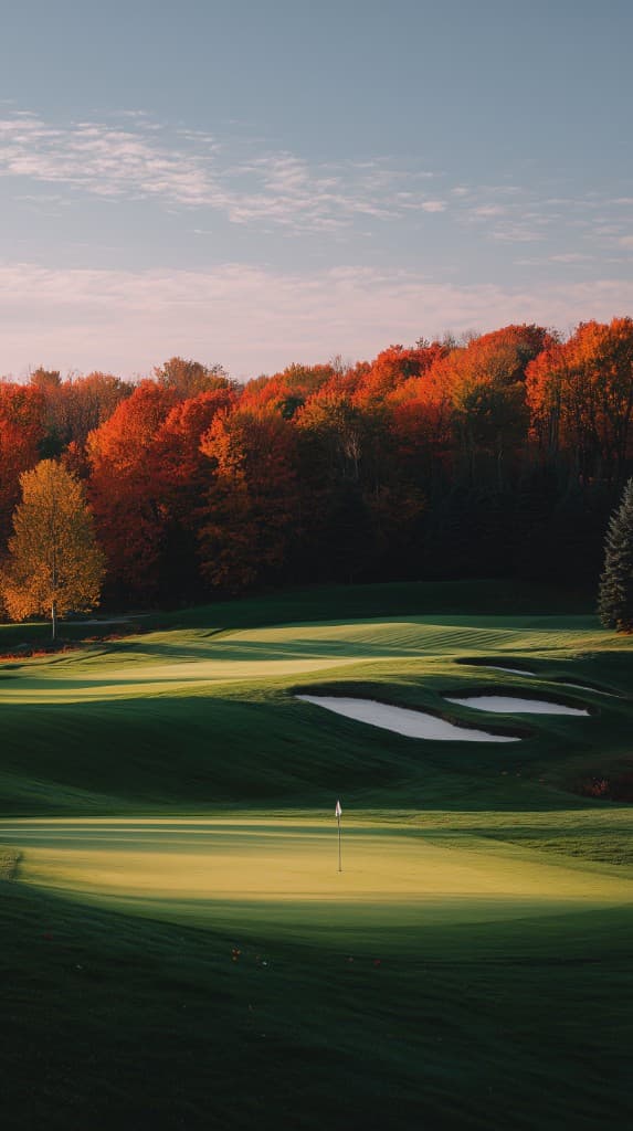 Golfer walking a fairway with a caddie at sunset